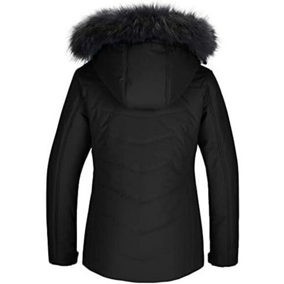 Women's Puffer Ski Hooded Jacket Black Faux Fur Winter Warm Waterproof Coat - Picture 2 of 6
